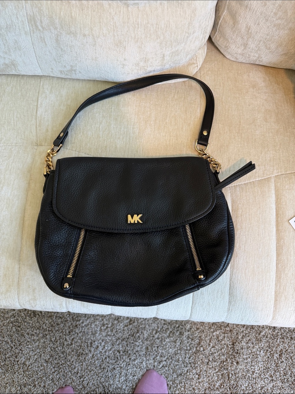 Michael Kors Black Pebbled Leather Shoulder Bag with Gold Accents